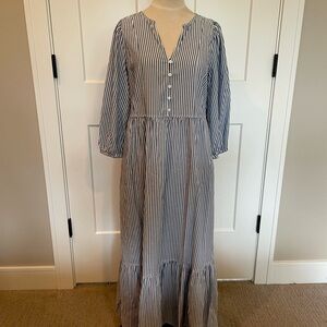 Navy and white striped midi dress, empire waist.